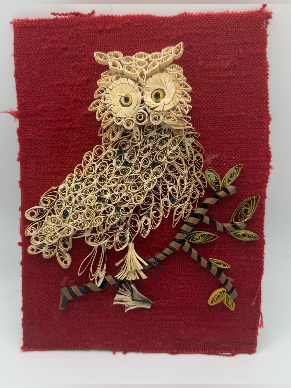 Vintage 1970s Handmade Quilling Owl Wall Decor on Red Background Appx 5x7” MCM